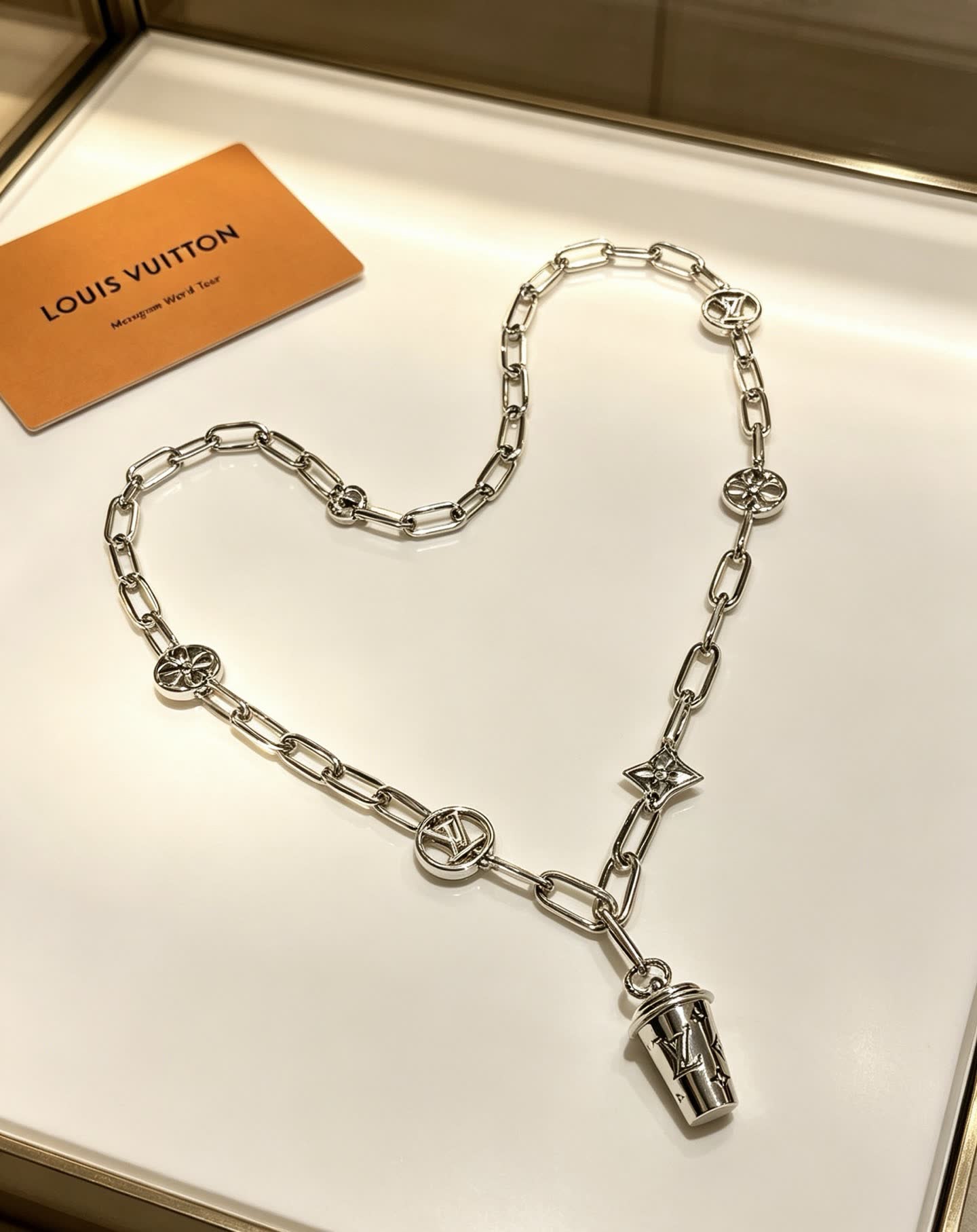 Louis Vuitton Silver Chain Necklace with Logo Charms